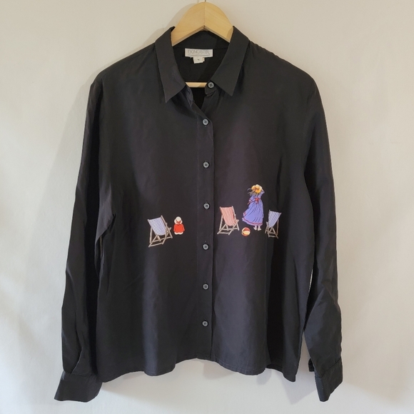VTG DONCASTER Black Beach Lady Theme Button-Up Shirt Sz 14 Fairy Goth Artsy - Picture 2 of 12